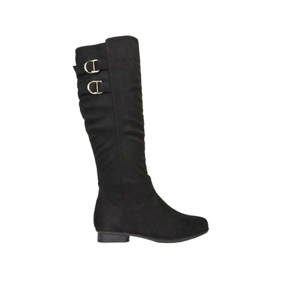 Jet Black - Side - XY London Womens-Ladies Mia Buckle Detail Slouch Flat Knee-High Boots