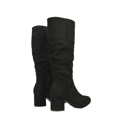 Jet Black - Back - XY London Womens-Ladies Jackie Ruched Mid Block Heel Knee-High Boots