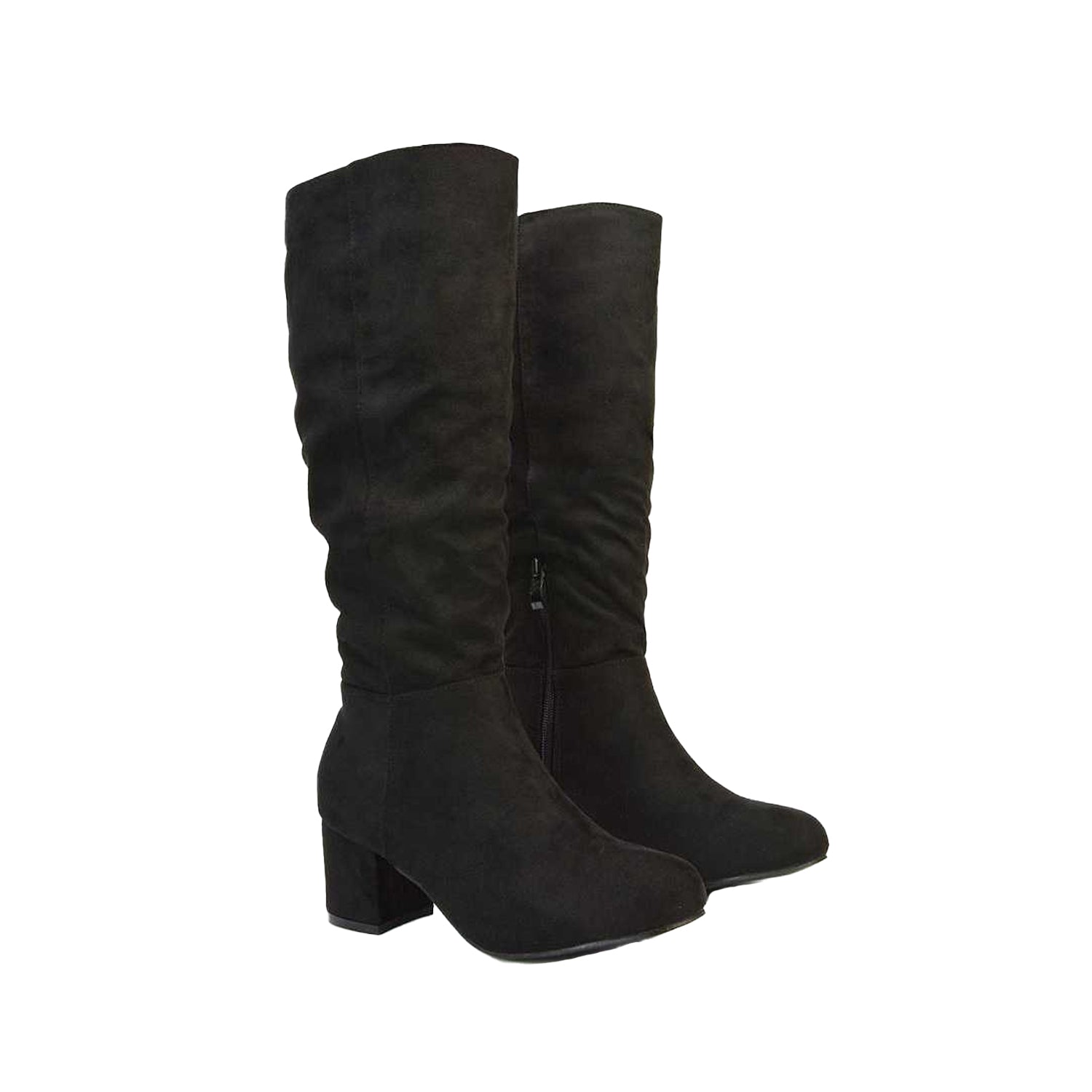 Jet Black - Pack Shot - XY London Womens-Ladies Jackie Ruched Mid Block Heel Knee-High Boots