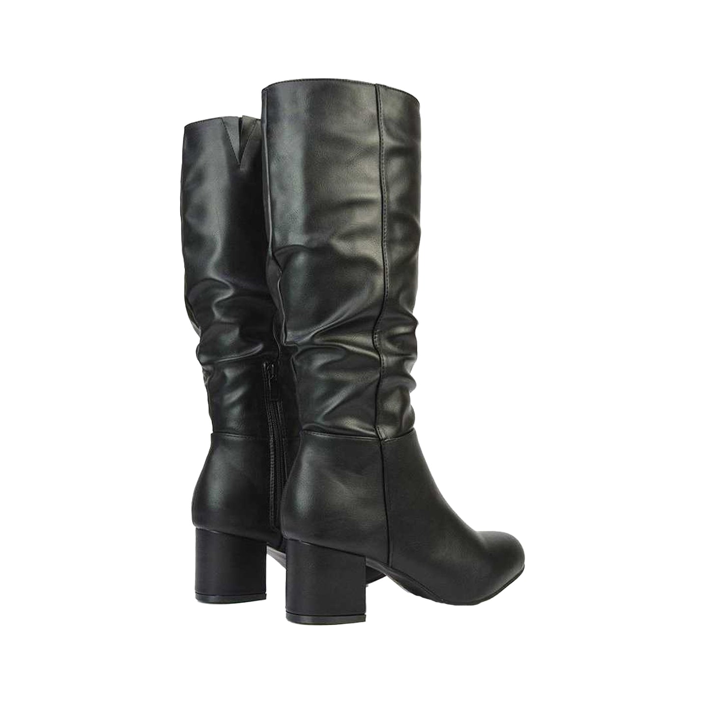 Black - Back - XY London Womens-Ladies Jackie Ruched Mid Block Heel Knee-High Boots