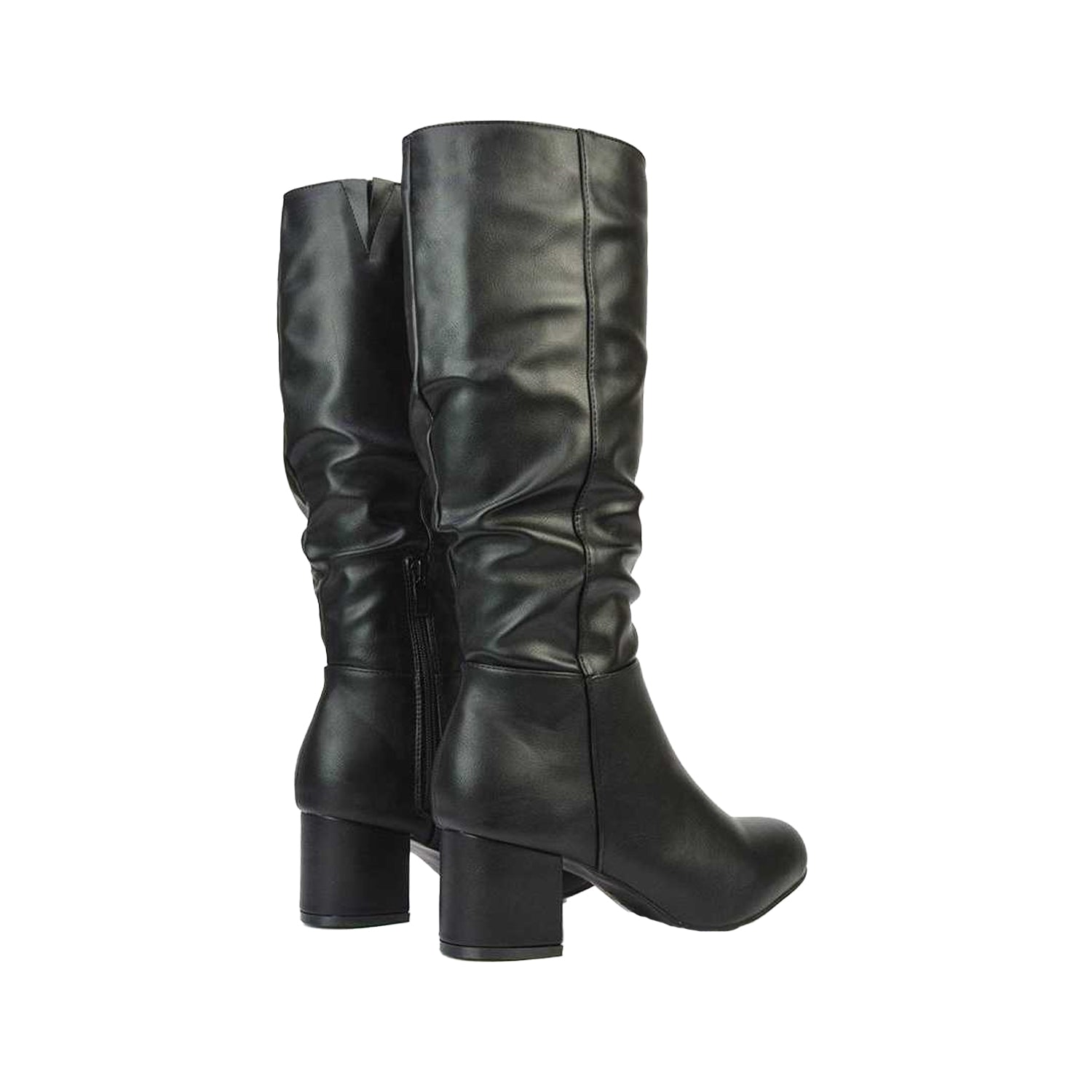 Black - Back - XY London Womens-Ladies Jackie Ruched Mid Block Heel Knee-High Boots
