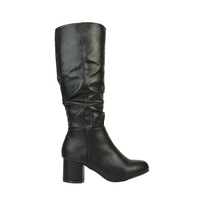 Black - Side - XY London Womens-Ladies Jackie Ruched Mid Block Heel Knee-High Boots