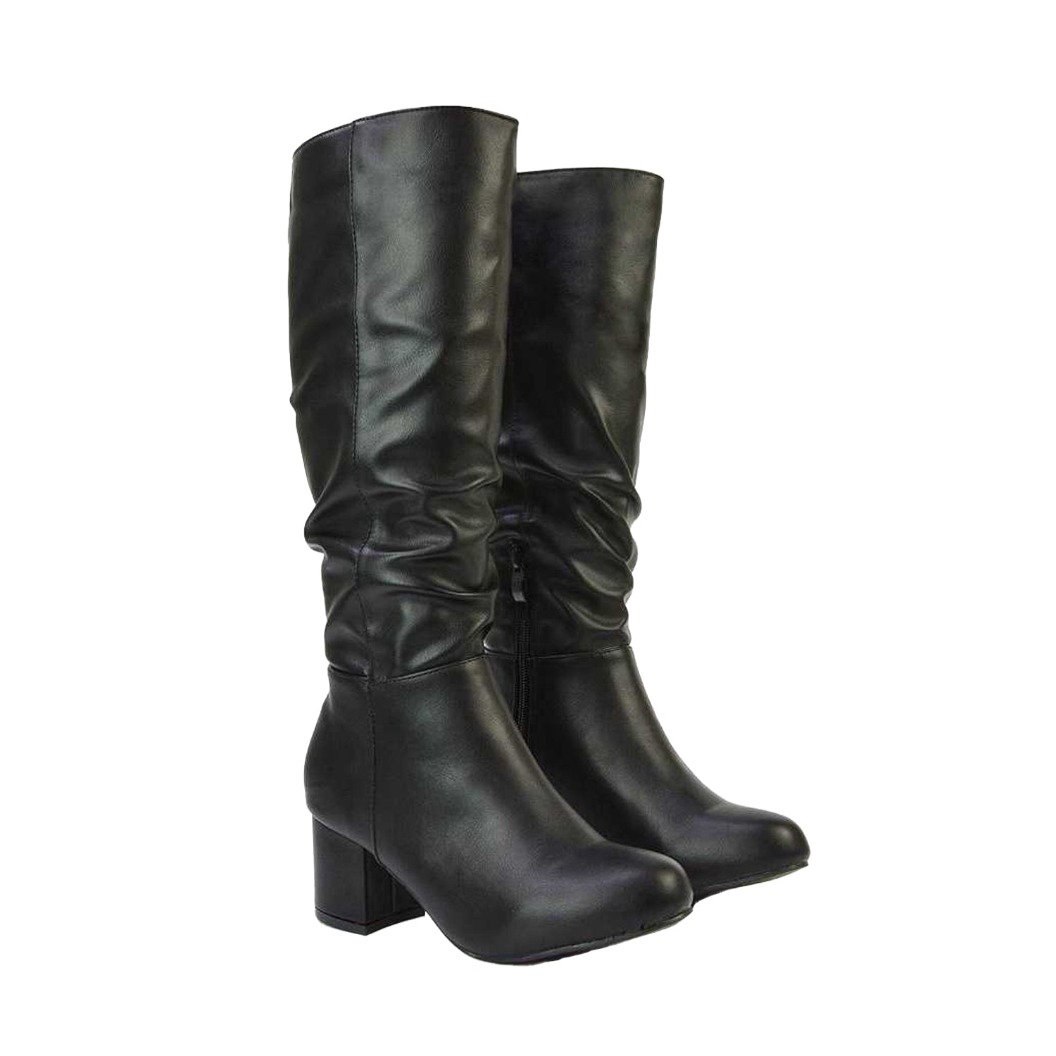 Black - Pack Shot - XY London Womens-Ladies Jackie Ruched Mid Block Heel Knee-High Boots