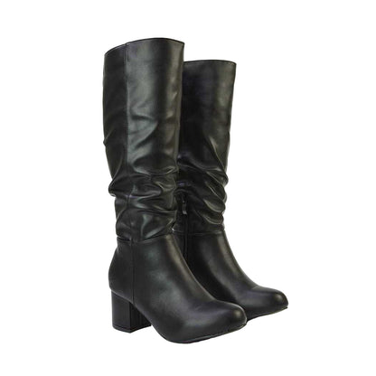 Black - Pack Shot - XY London Womens-Ladies Jackie Ruched Mid Block Heel Knee-High Boots