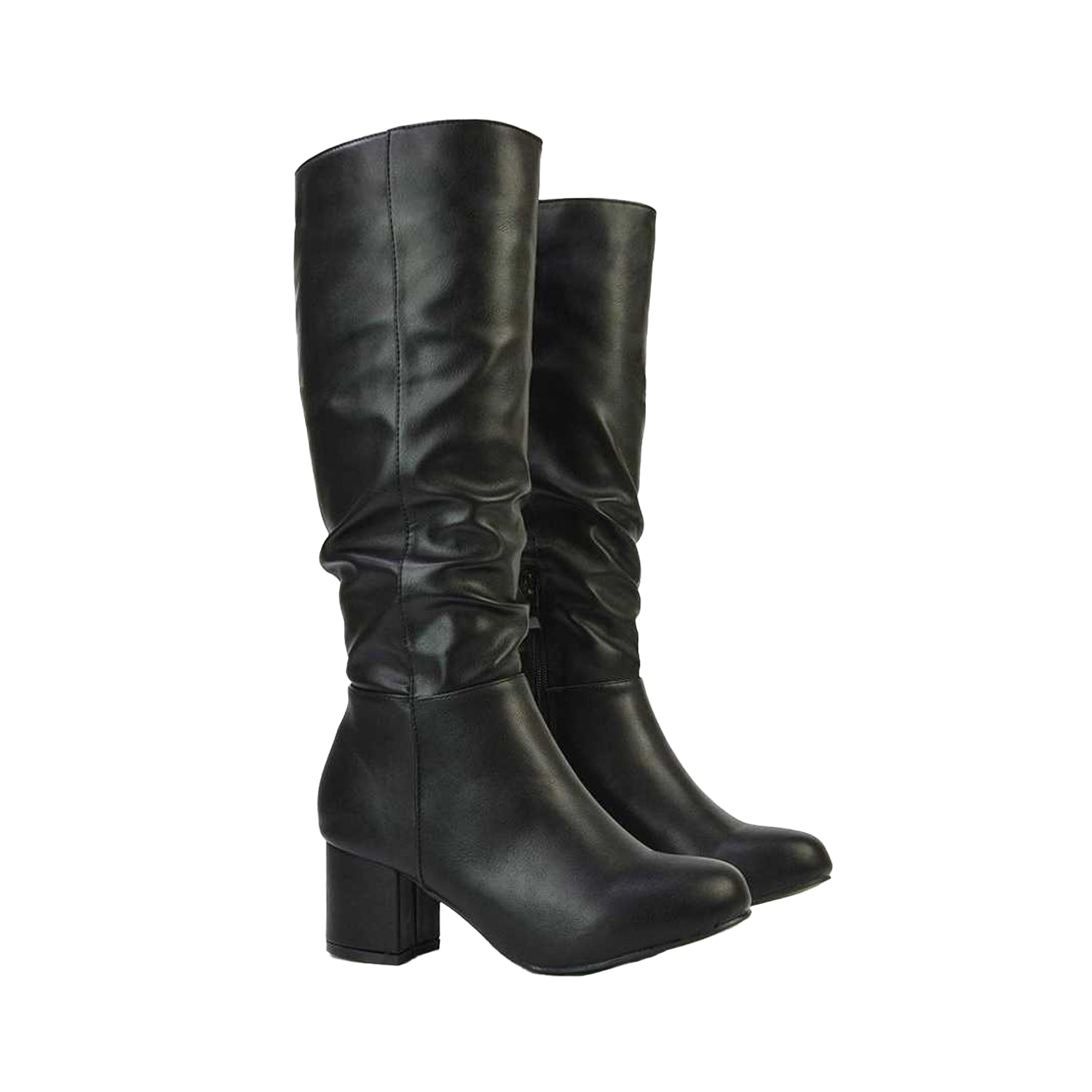 Black - Close up - XY London Womens-Ladies Jackie Ruched Mid Block Heel Knee-High Boots