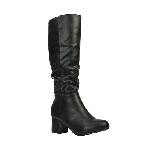 Black - Front - XY London Womens-Ladies Jackie Ruched Mid Block Heel Knee-High Boots