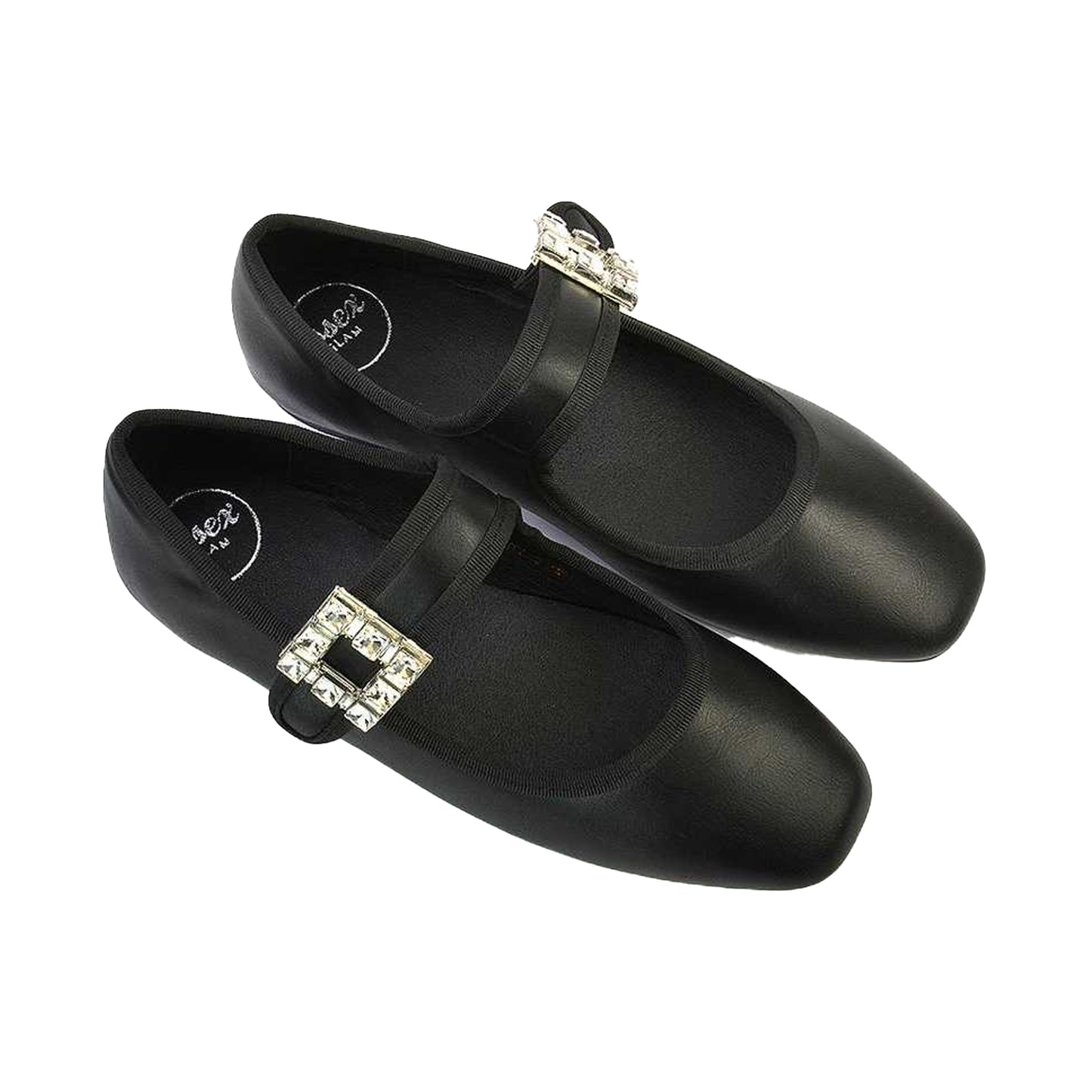 Black - Side - XY London Womens-Ladies Rhyse Diamante Square Toe Buckle Detail Mary Janes