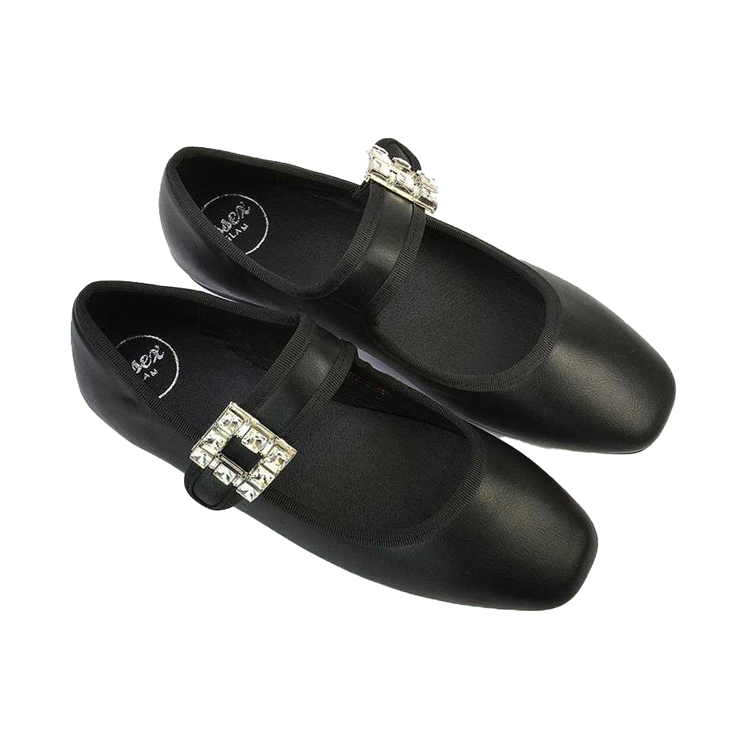 Black - Side - XY London Womens-Ladies Rhyse Diamante Square Toe Buckle Detail Mary Janes