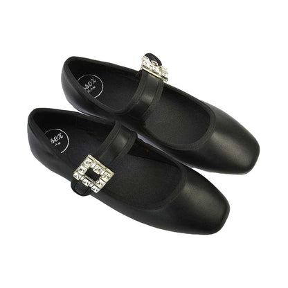 Black - Side - XY London Womens-Ladies Rhyse Diamante Square Toe Buckle Detail Mary Janes