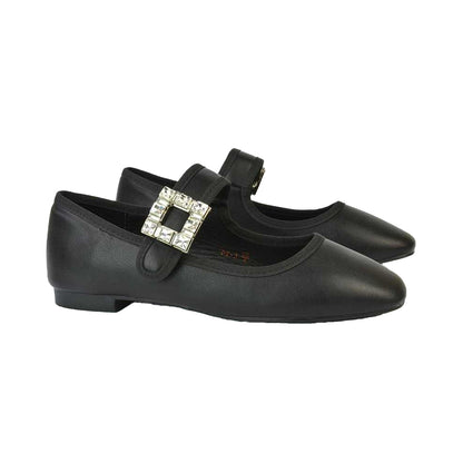 Black - Lifestyle - XY London Womens-Ladies Rhyse Diamante Square Toe Buckle Detail Mary Janes