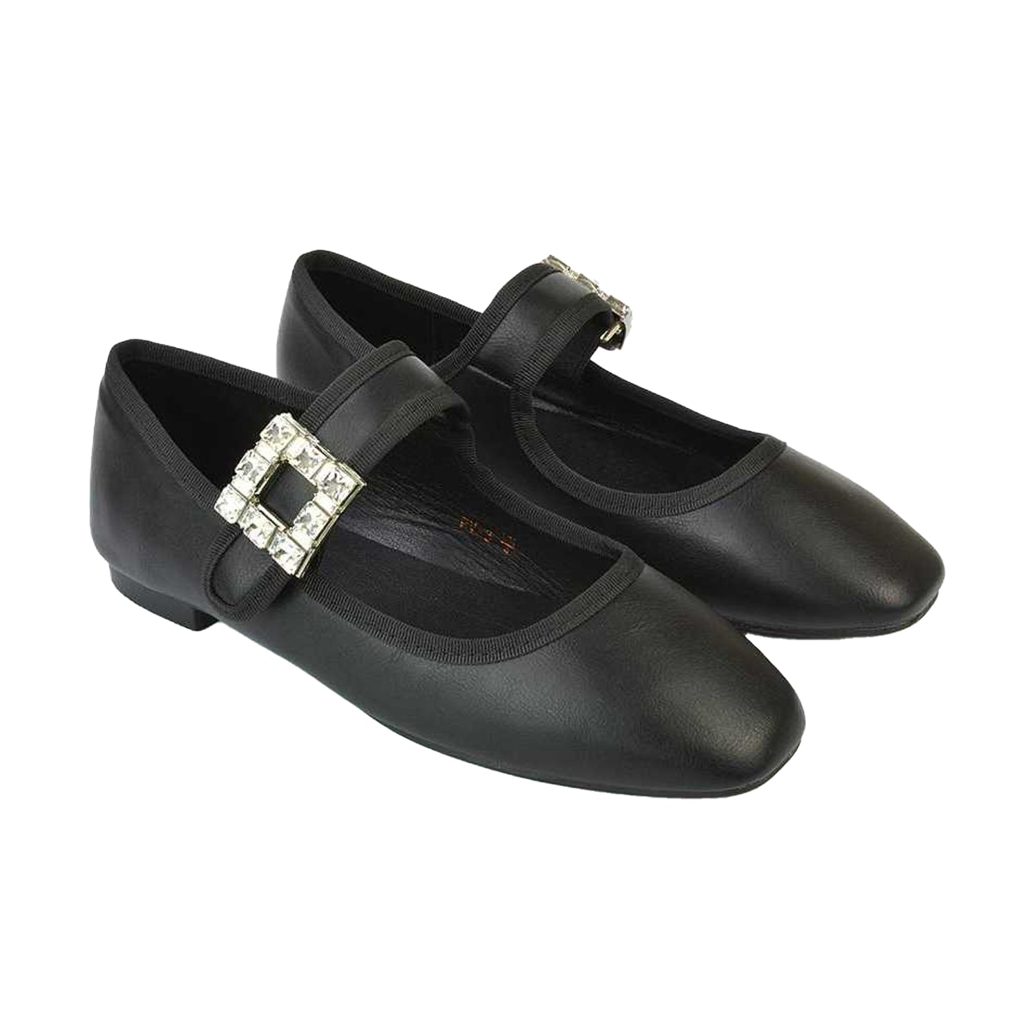 Black - Pack Shot - XY London Womens-Ladies Rhyse Diamante Square Toe Buckle Detail Mary Janes