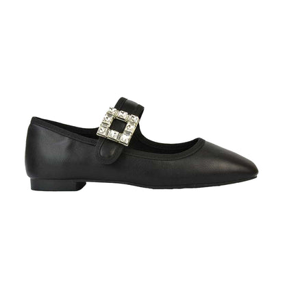 Black - Front - XY London Womens-Ladies Rhyse Diamante Square Toe Buckle Detail Mary Janes