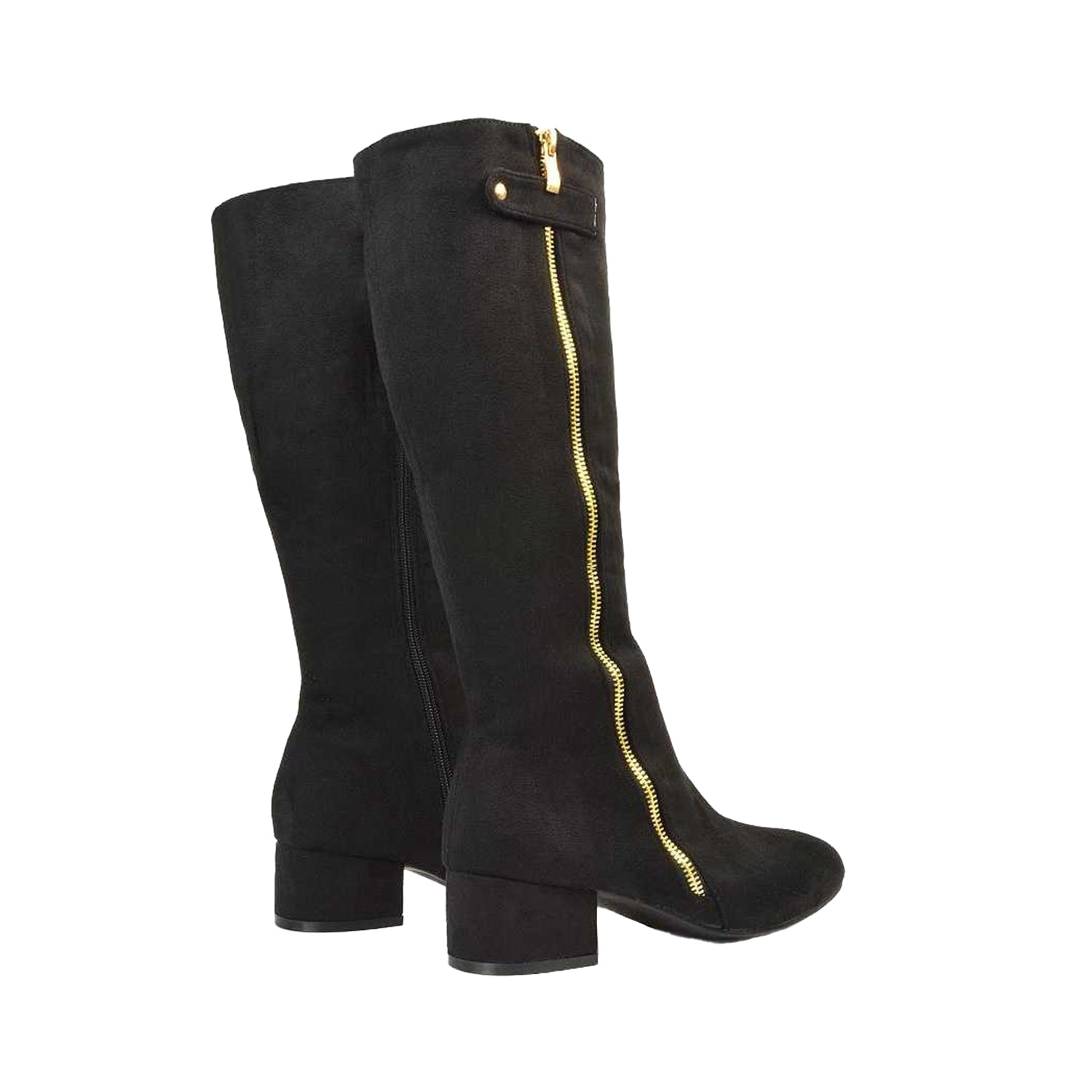 Jet Black - Back - XY London Womens-Ladies Darcy Zip Low Block Heel Knee-High Boots