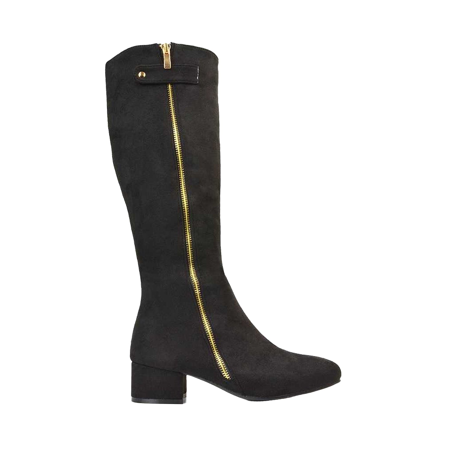 Jet Black - Side - XY London Womens-Ladies Darcy Zip Low Block Heel Knee-High Boots