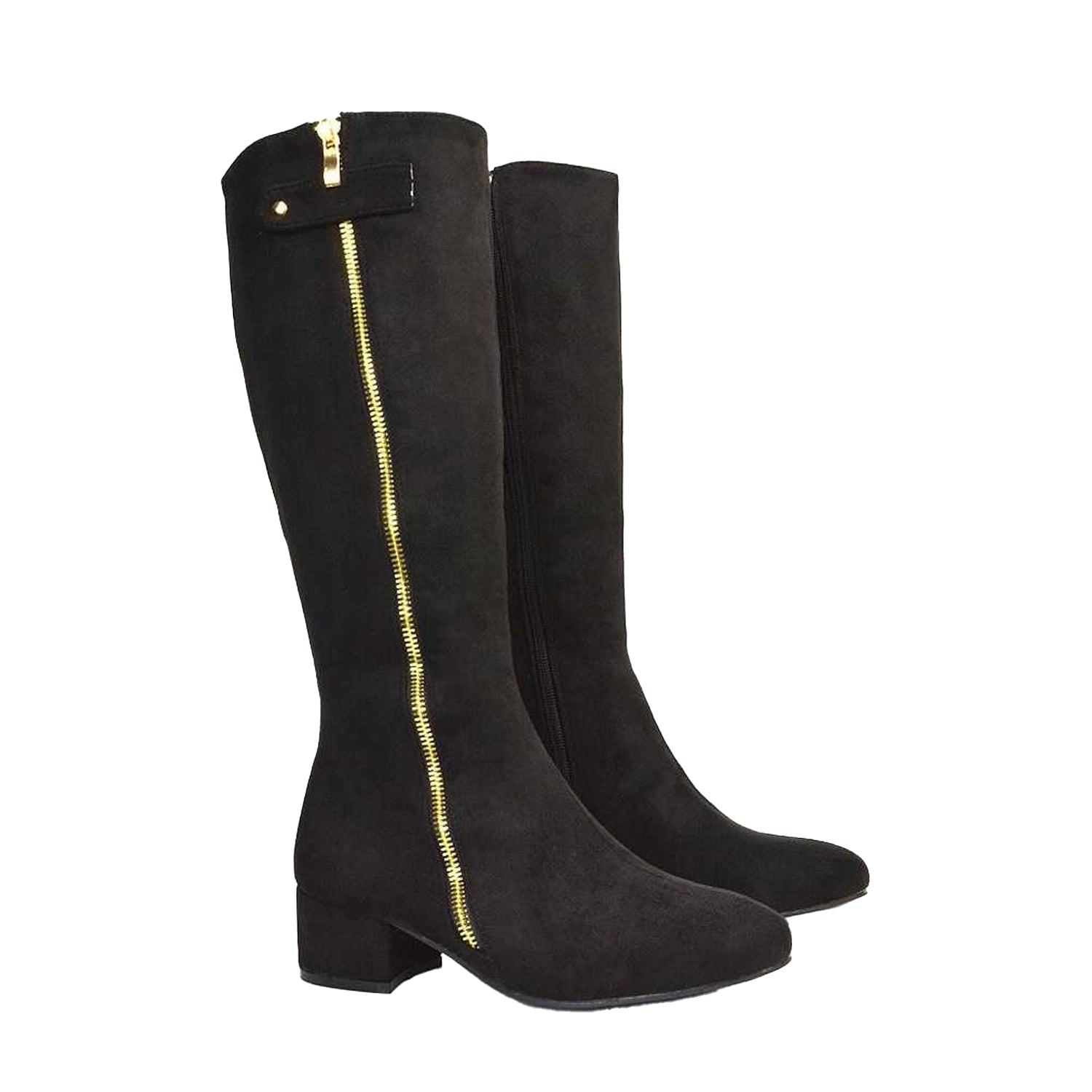 Jet Black - Close up - XY London Womens-Ladies Darcy Zip Low Block Heel Knee-High Boots