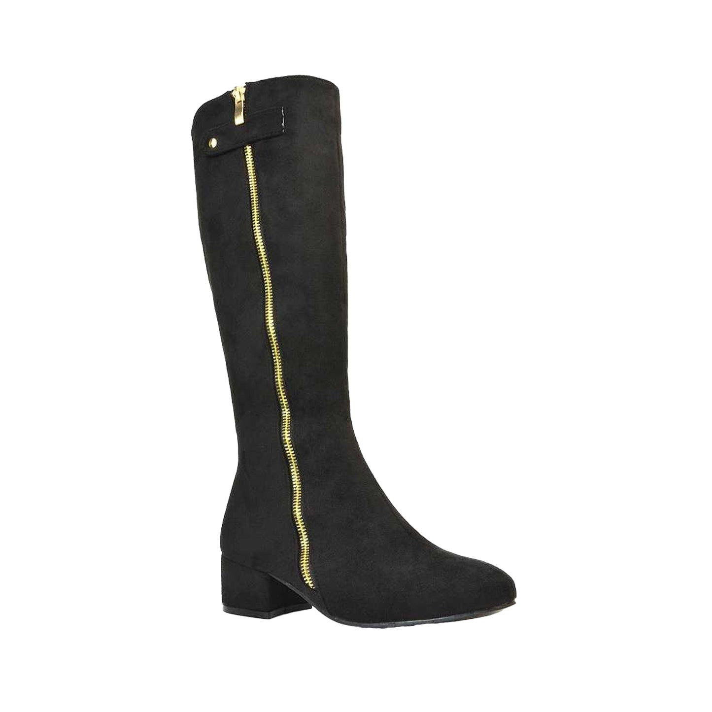 Jet Black - Front - XY London Womens-Ladies Darcy Zip Low Block Heel Knee-High Boots
