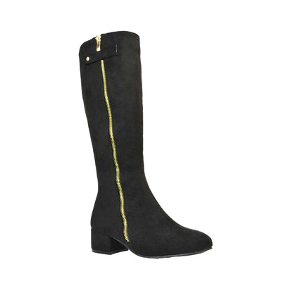 Jet Black - Front - XY London Womens-Ladies Darcy Zip Low Block Heel Knee-High Boots