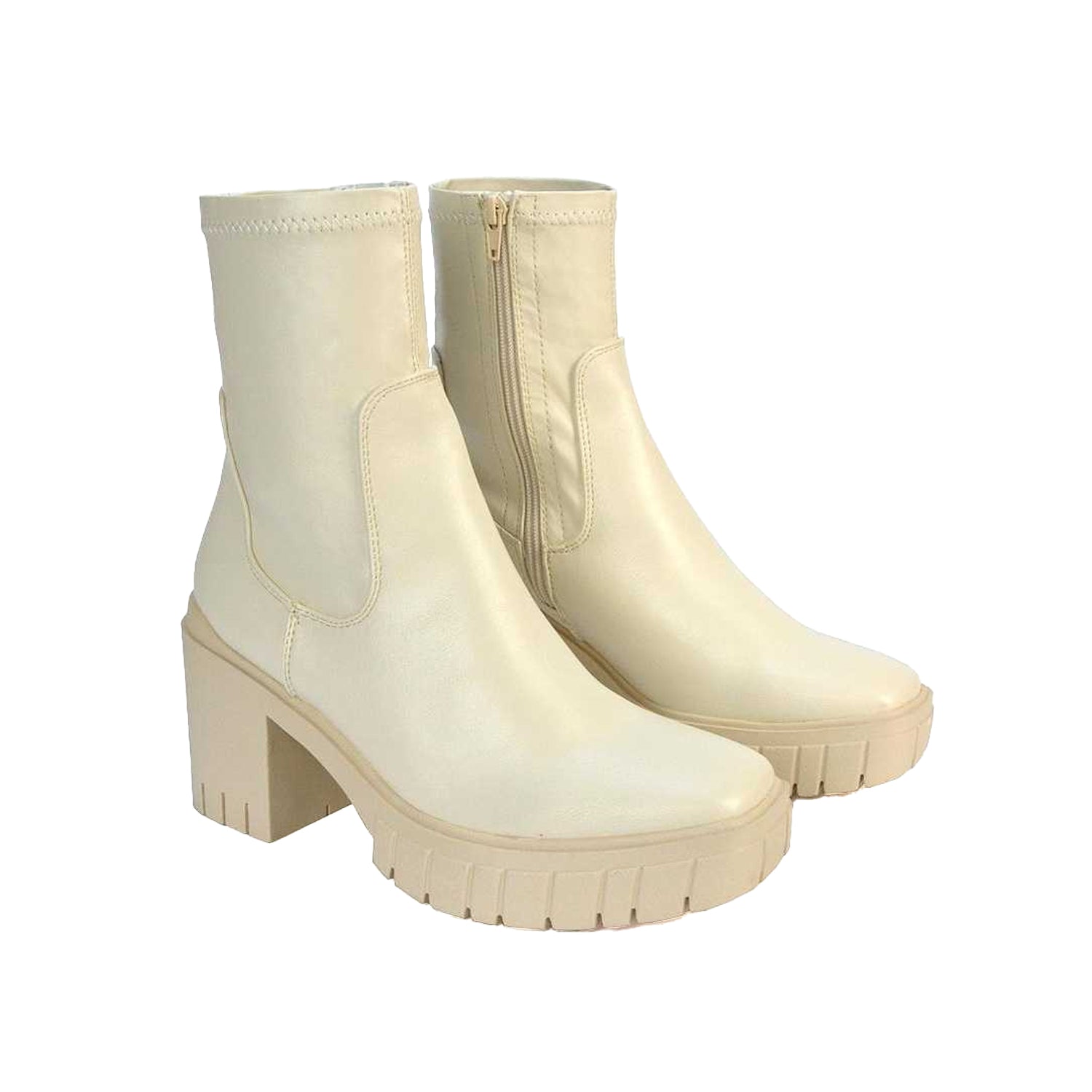 Beige - Pack Shot - XY London Womens-Ladies Ella Stretch Zip Platform Block Ankle Boots
