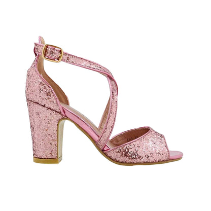 Pink - Back - XY London Womens-Ladies Harlow Glitter Peep Toe Crossover Strap Block Heel High Heels