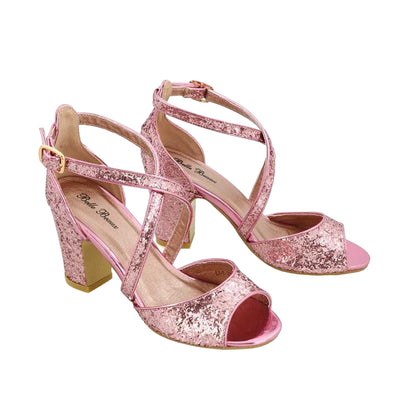 Pink - Side - XY London Womens-Ladies Harlow Glitter Peep Toe Crossover Strap Block Heel High Heels