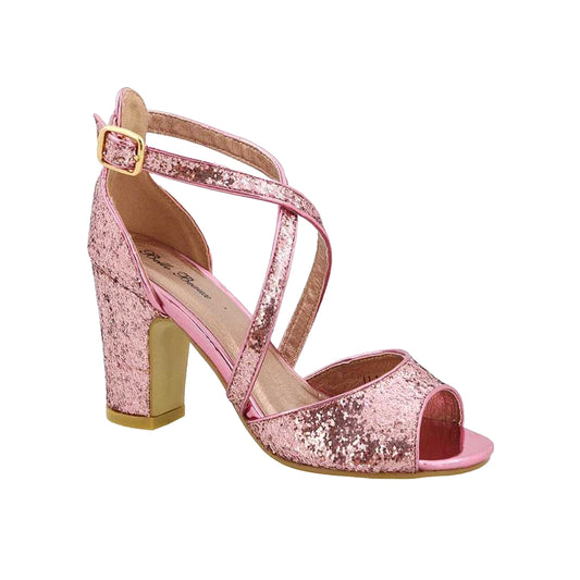 Pink - Front - XY London Womens-Ladies Harlow Glitter Peep Toe Crossover Strap Block Heel High Heels