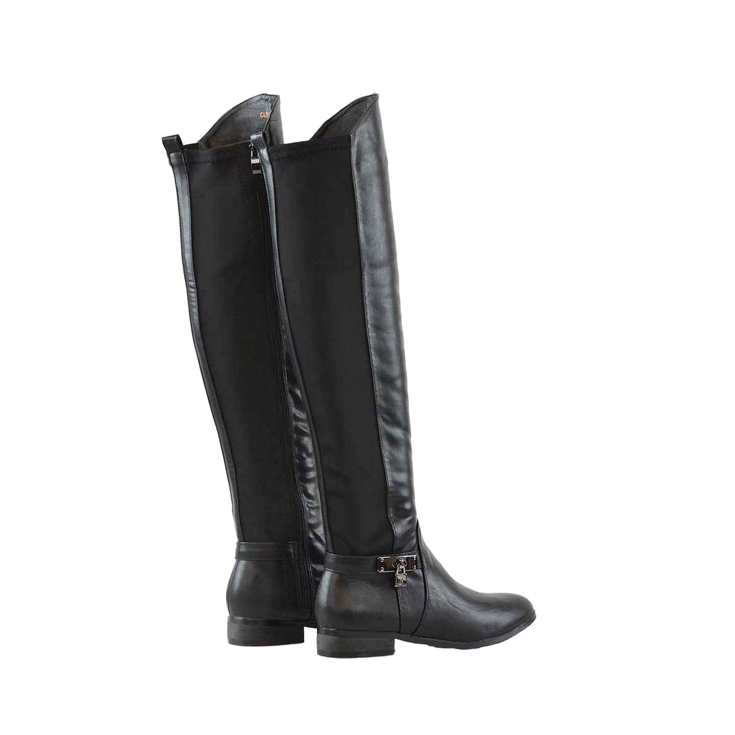 Black - Back - XY London Womens-Ladies Bella Elasticated Flat Long Boots