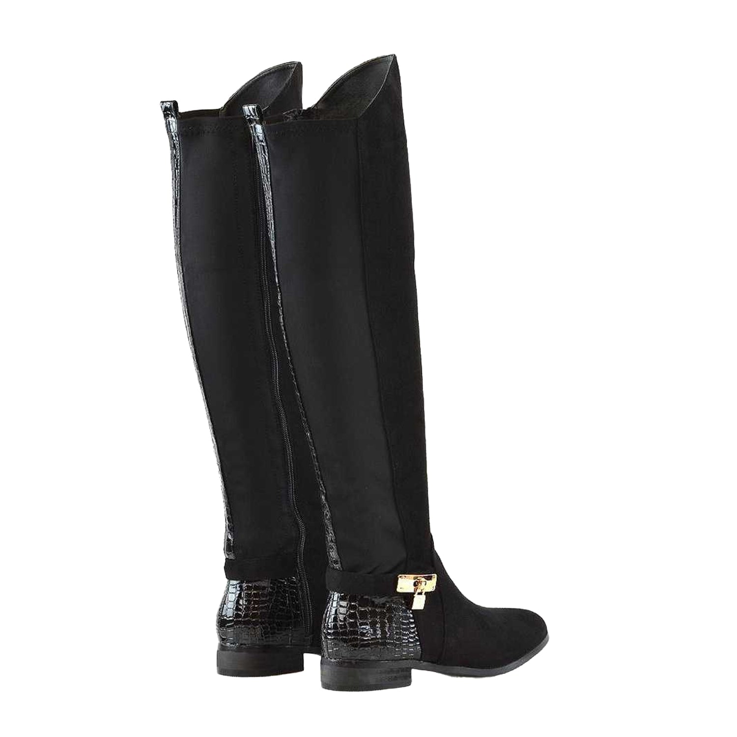 Black - Back - XY London Womens-Ladies Bella Crocodile Print Zip Elasticated Flat Thigh-High Boots