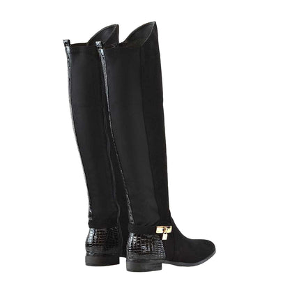Black - Back - XY London Womens-Ladies Bella Crocodile Print Zip Elasticated Flat Thigh-High Boots