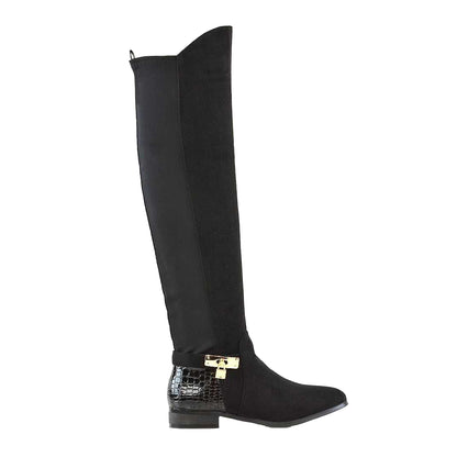 Black - Side - XY London Womens-Ladies Bella Crocodile Print Zip Elasticated Flat Thigh-High Boots