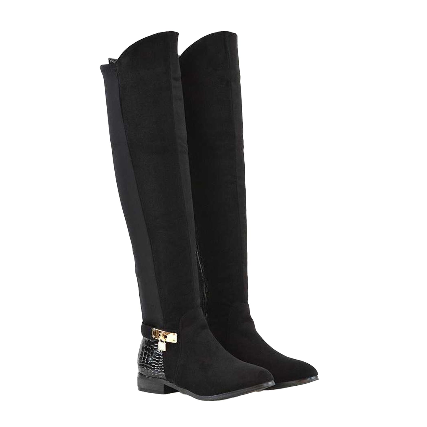 Black - Lifestyle - XY London Womens-Ladies Bella Crocodile Print Zip Elasticated Flat Thigh-High Boots