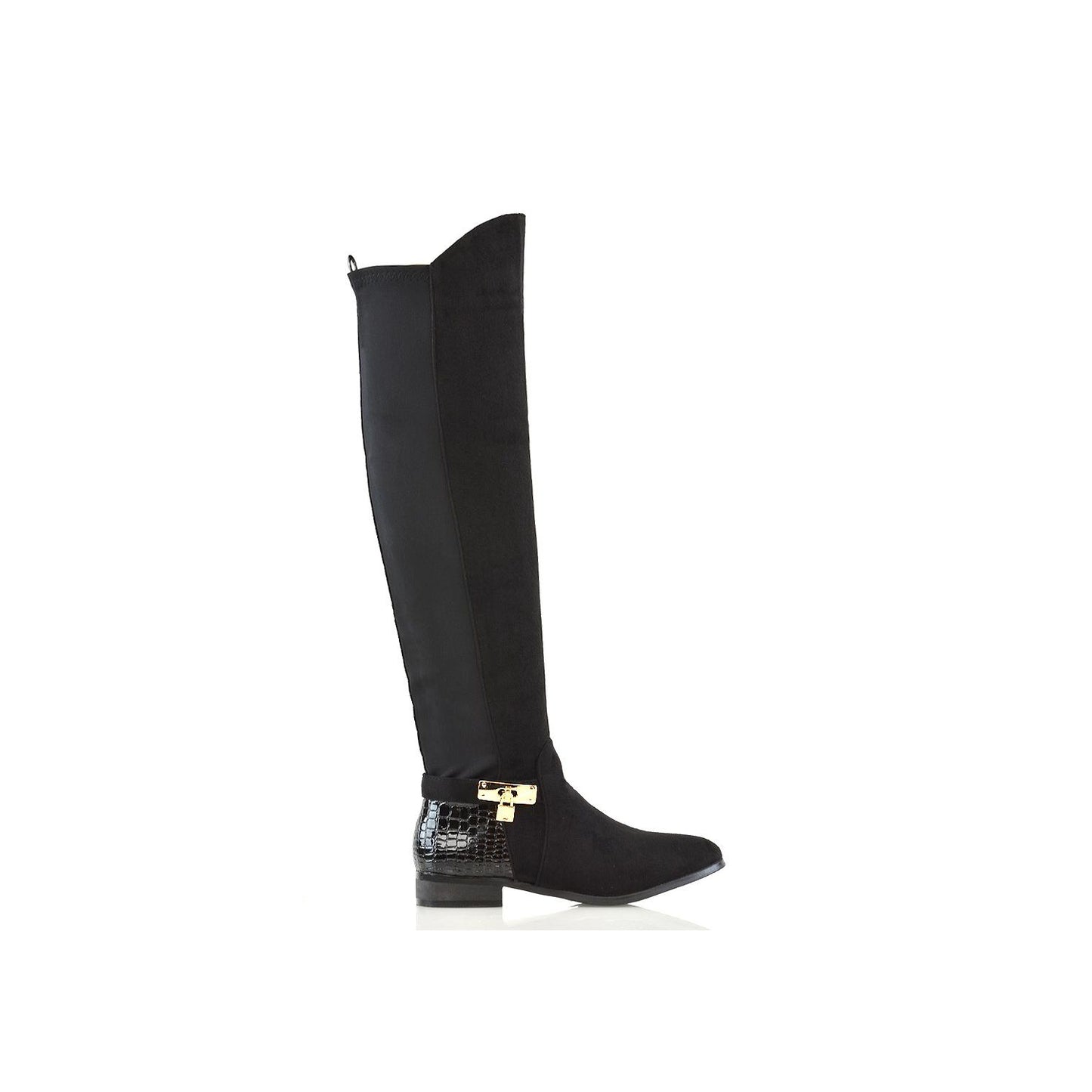 Jet Black - Front - XY London Womens-Ladies Bella Crocodile Print Zip Elasticated Flat Thigh-High Boots