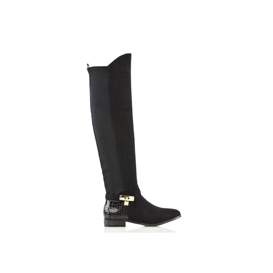Jet Black - Front - XY London Womens-Ladies Bella Crocodile Print Zip Elasticated Flat Thigh-High Boots