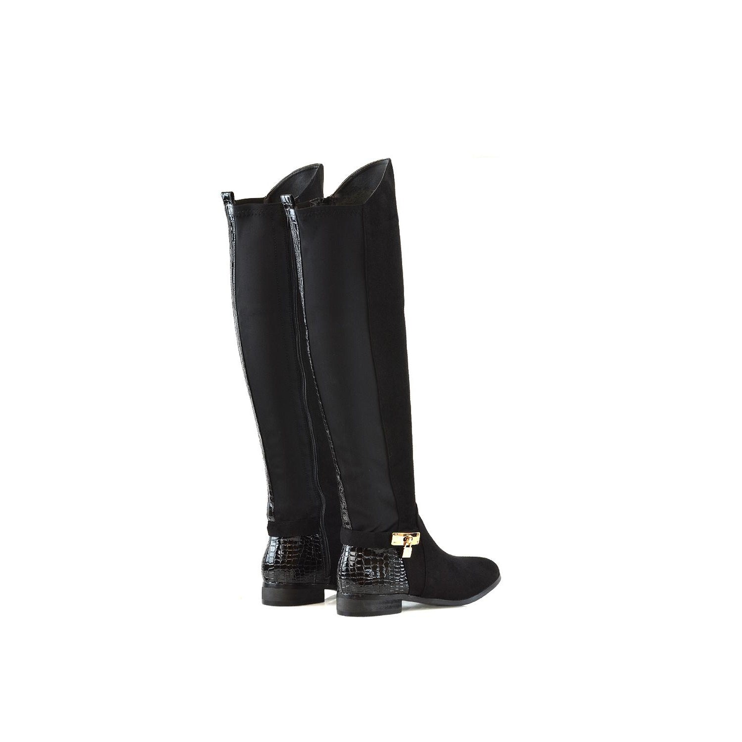 Jet Black - Back - XY London Womens-Ladies Bella Crocodile Print Zip Elasticated Flat Thigh-High Boots