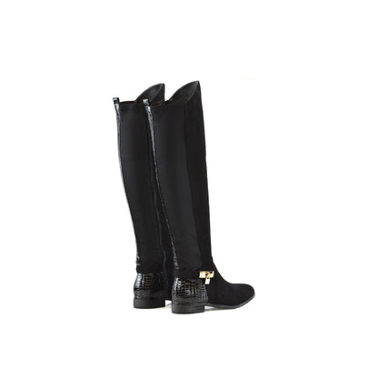 Jet Black - Back - XY London Womens-Ladies Bella Crocodile Print Zip Elasticated Flat Thigh-High Boots