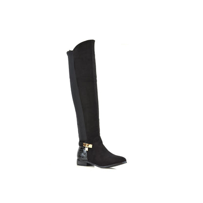 Jet Black - Side - XY London Womens-Ladies Bella Crocodile Print Zip Elasticated Flat Thigh-High Boots