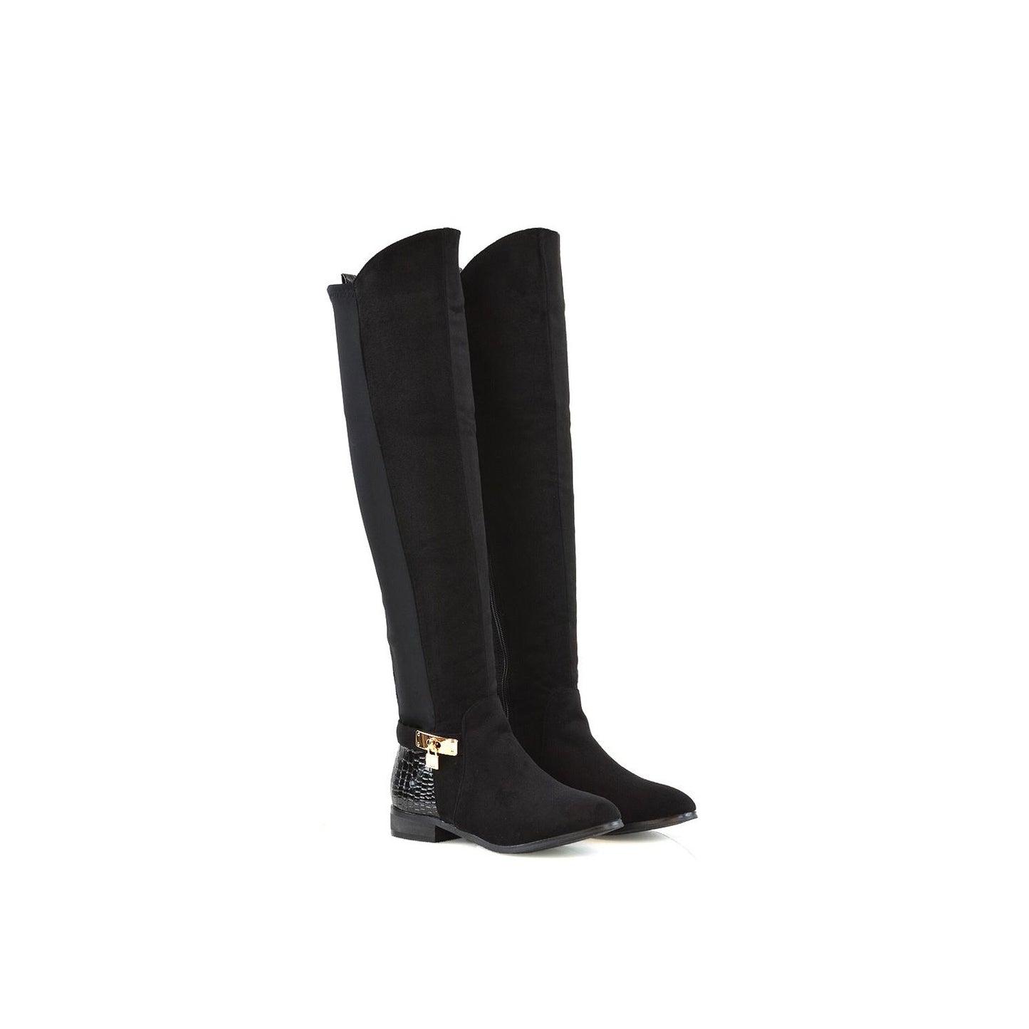 Jet Black - Lifestyle - XY London Womens-Ladies Bella Crocodile Print Zip Elasticated Flat Thigh-High Boots