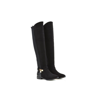 Jet Black - Lifestyle - XY London Womens-Ladies Bella Crocodile Print Zip Elasticated Flat Thigh-High Boots