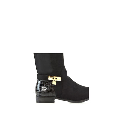 Jet Black - Pack Shot - XY London Womens-Ladies Bella Crocodile Print Zip Elasticated Flat Thigh-High Boots