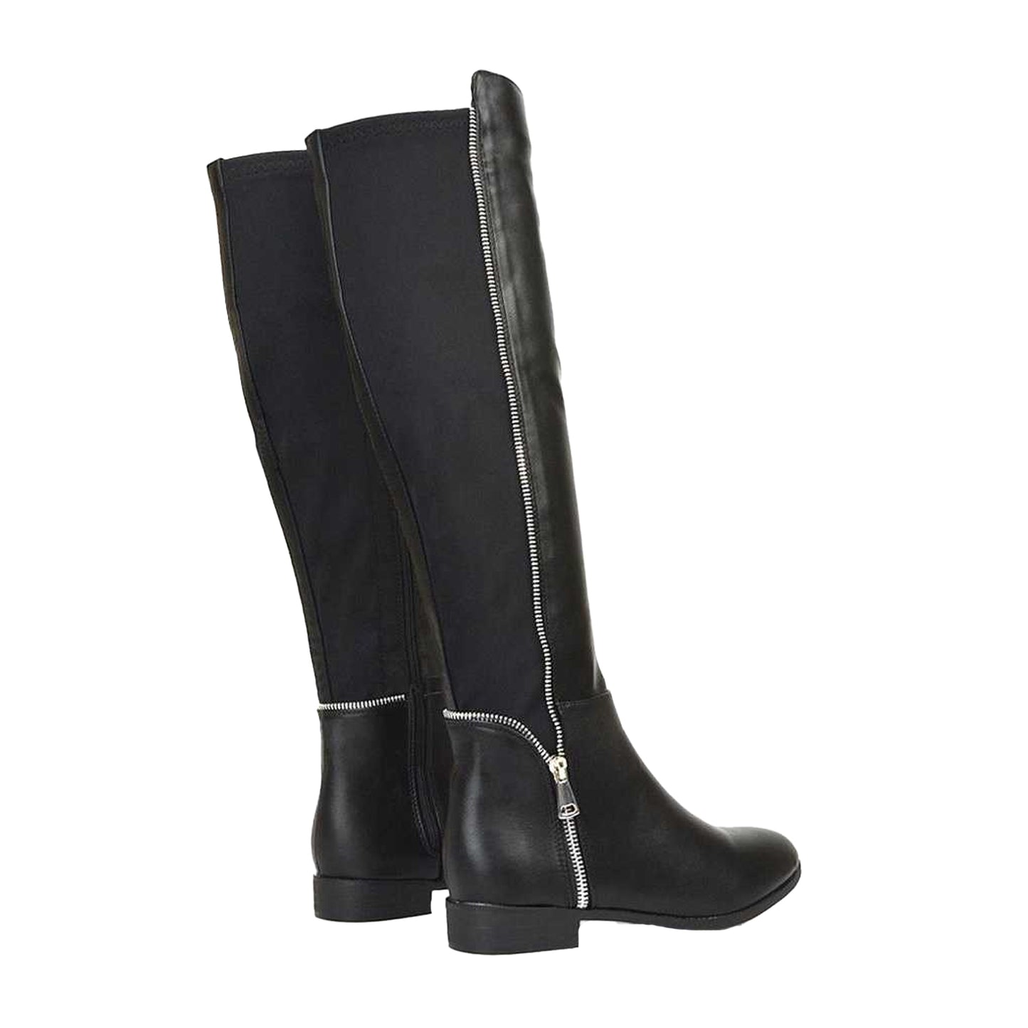 Black - Back - XY London Womens-Ladies Sutton Zip Stretch Calf Flat Knee-High Boots