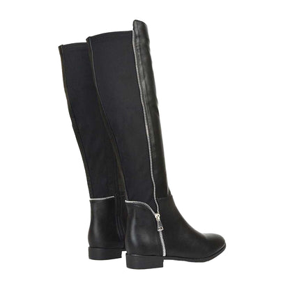 Black - Back - XY London Womens-Ladies Sutton Zip Stretch Calf Flat Knee-High Boots