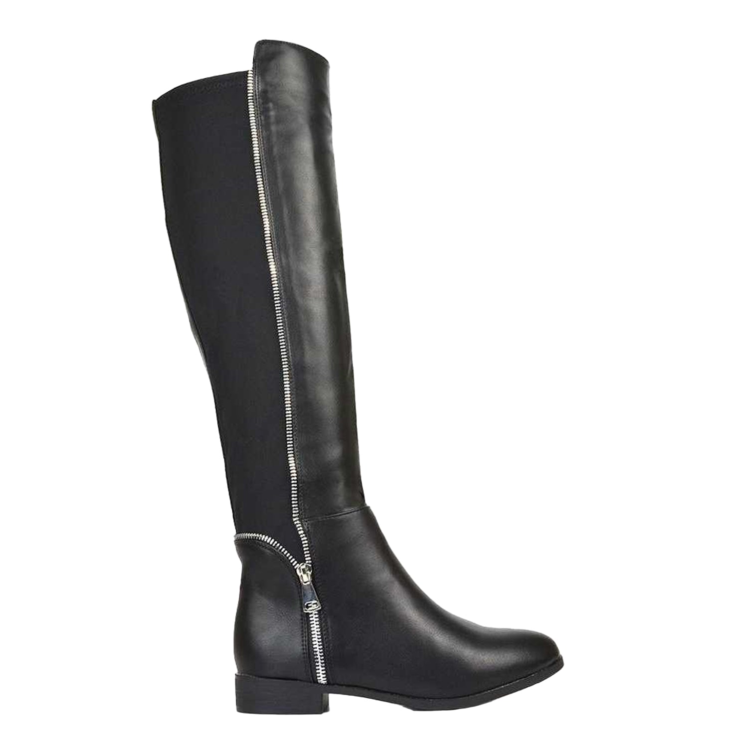 Black - Side - XY London Womens-Ladies Sutton Zip Stretch Calf Flat Knee-High Boots