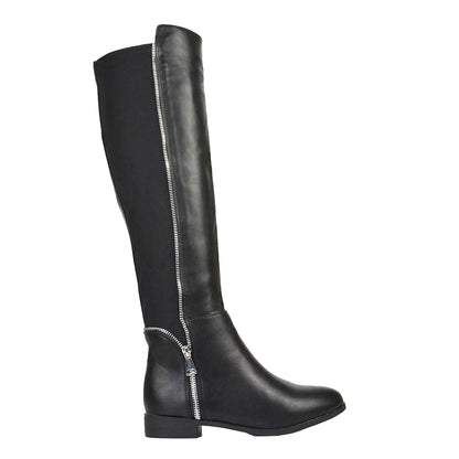 Black - Side - XY London Womens-Ladies Sutton Zip Stretch Calf Flat Knee-High Boots