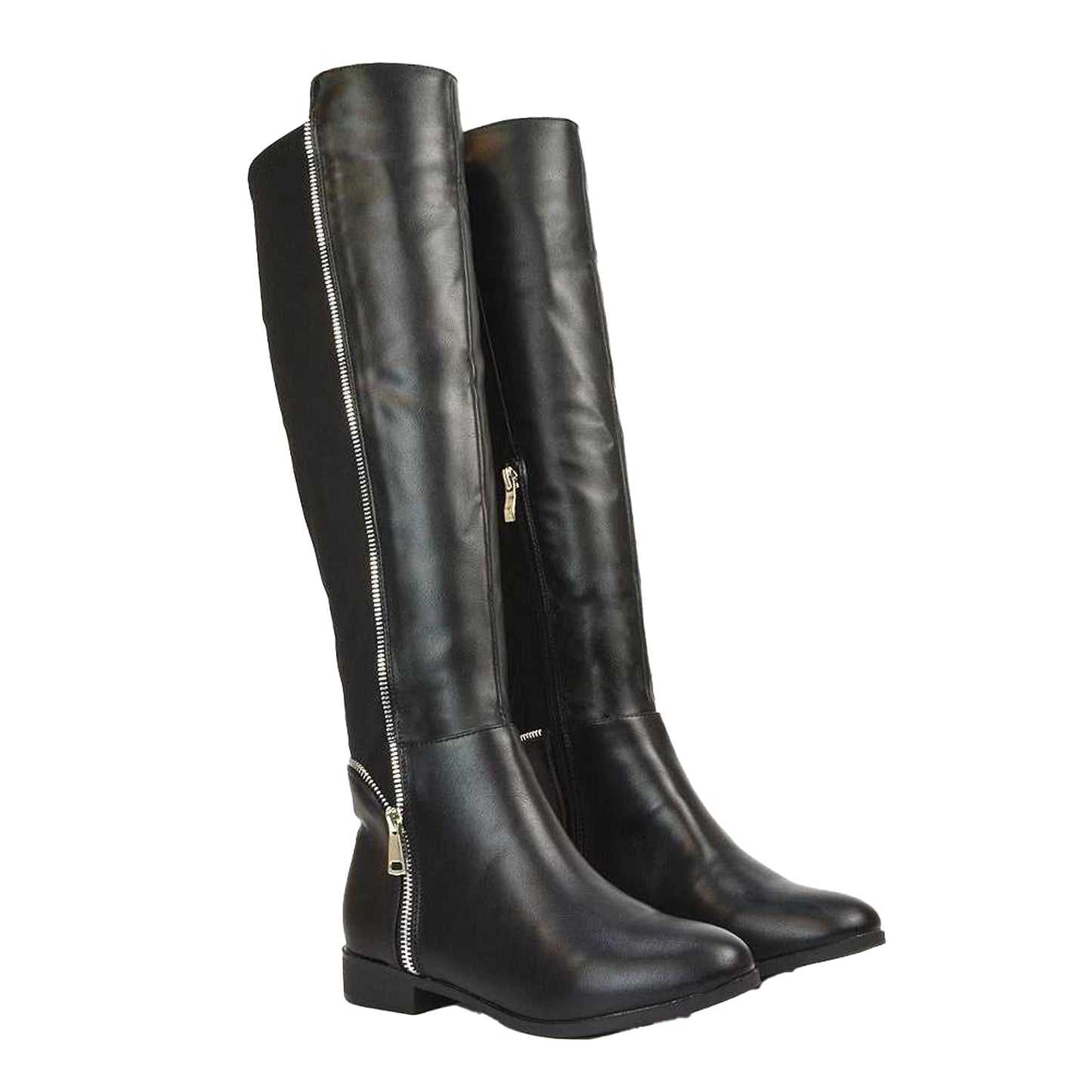 Black - Lifestyle - XY London Womens-Ladies Sutton Zip Stretch Calf Flat Knee-High Boots