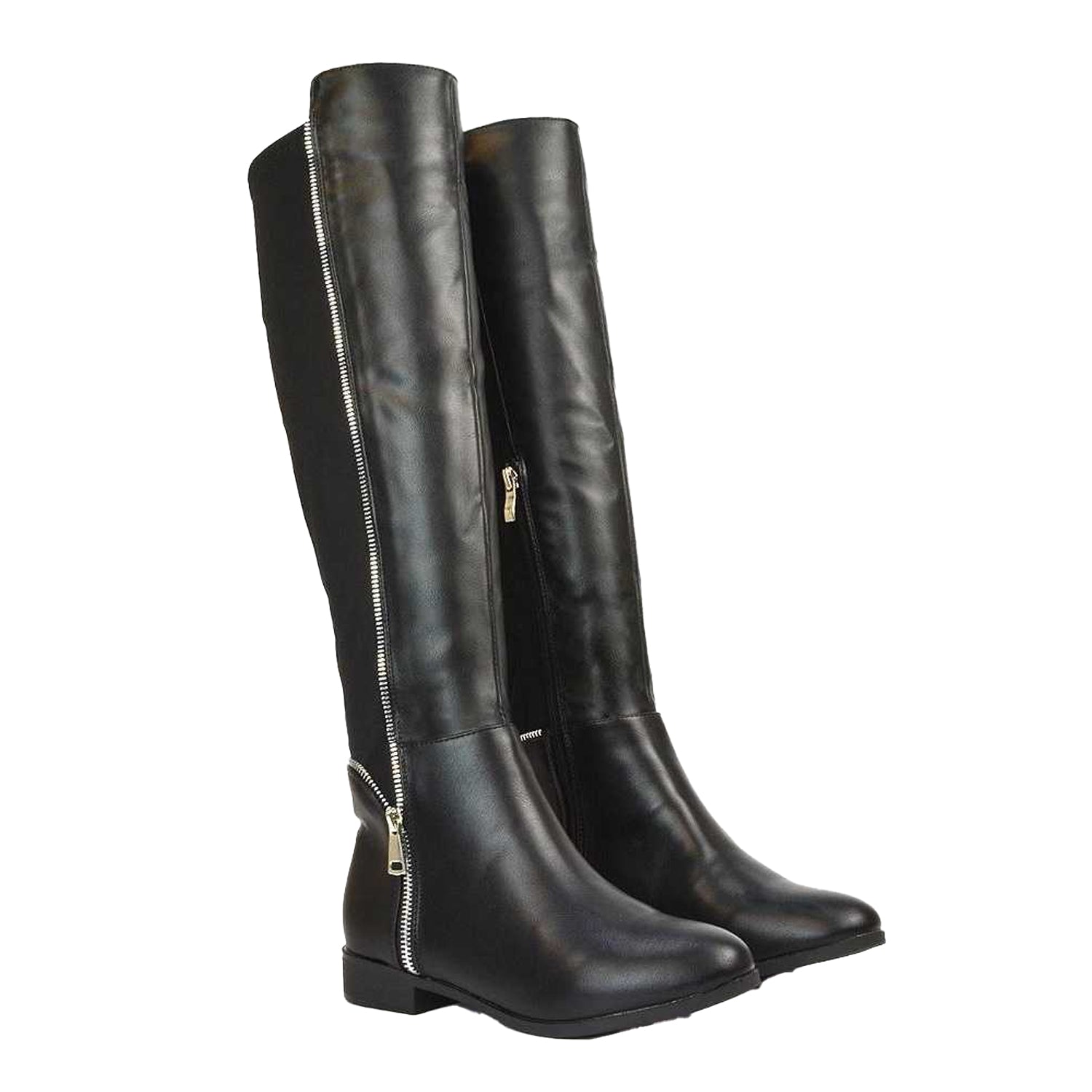 Black - Lifestyle - XY London Womens-Ladies Sutton Zip Stretch Calf Flat Knee-High Boots