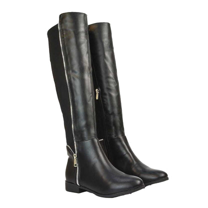 Black - Lifestyle - XY London Womens-Ladies Sutton Zip Stretch Calf Flat Knee-High Boots