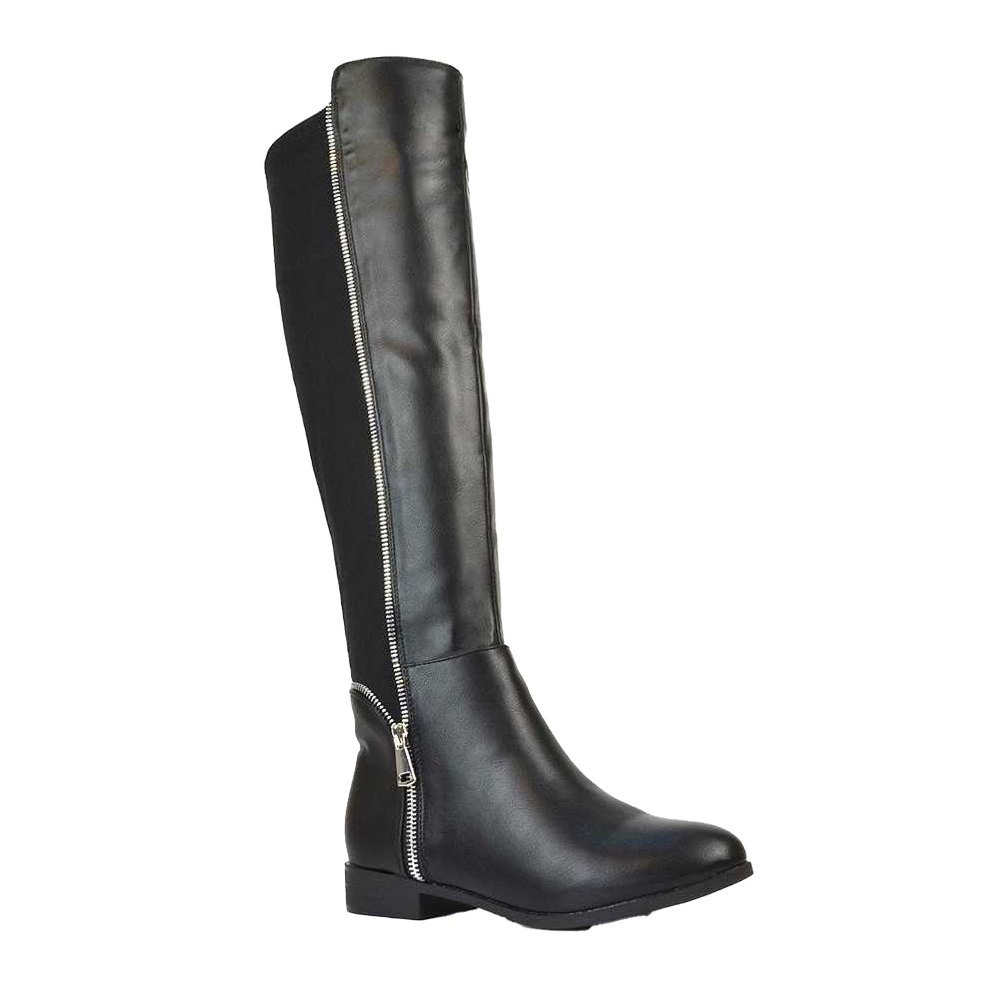 Black - Front - XY London Womens-Ladies Sutton Zip Stretch Calf Flat Knee-High Boots