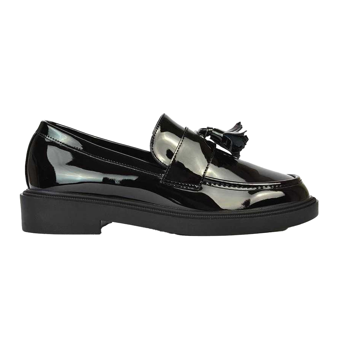 True Black - Side - XY London Womens-Ladies Alida Patent Chunky Tassel Flat Loafers