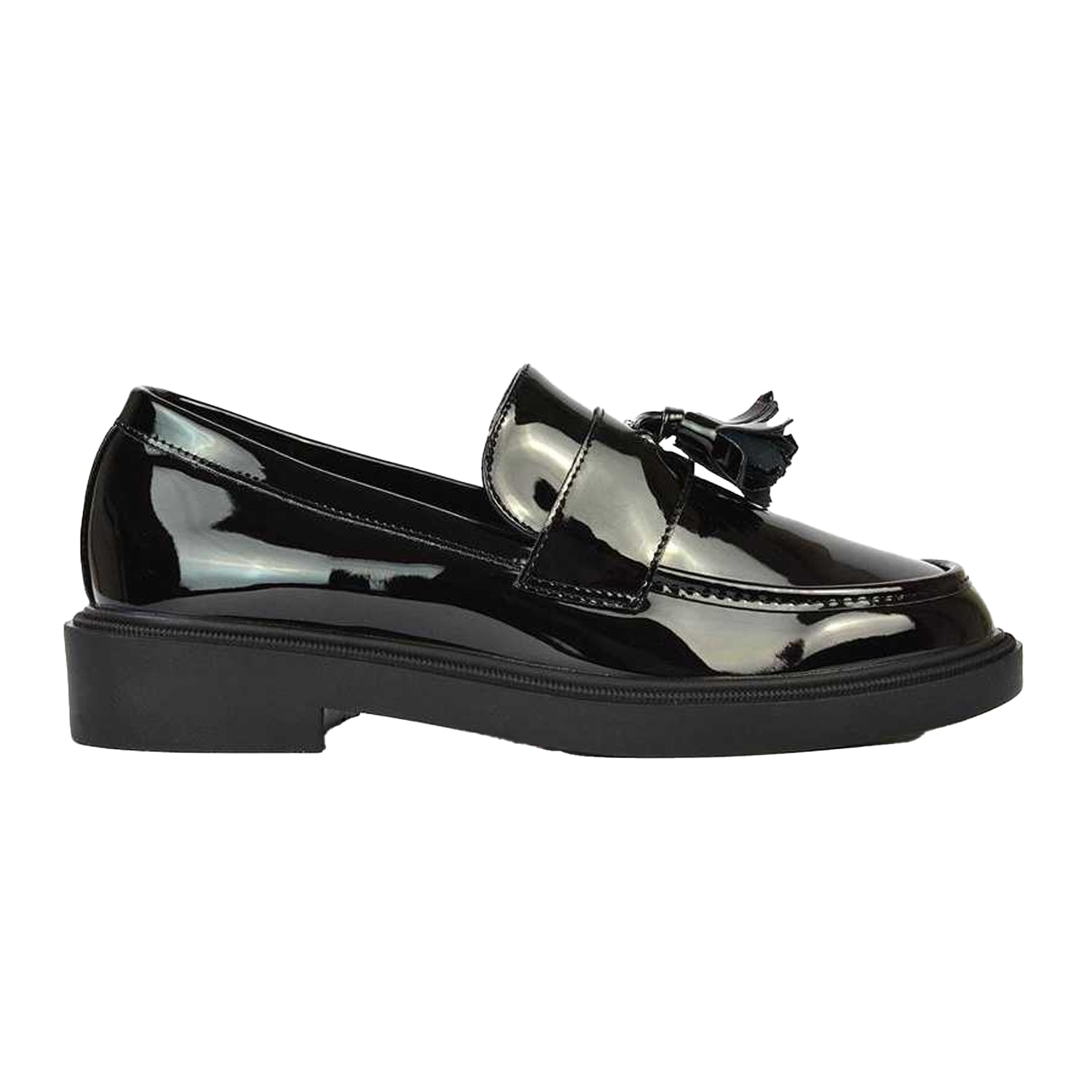 True Black - Side - XY London Womens-Ladies Alida Patent Chunky Tassel Flat Loafers