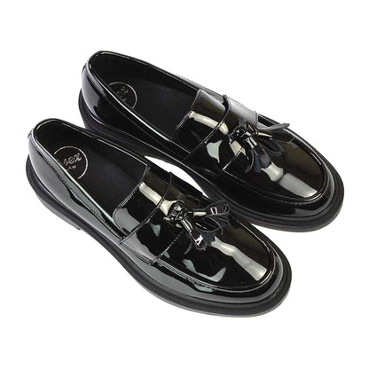 True Black - Pack Shot - XY London Womens-Ladies Alida Patent Chunky Tassel Flat Loafers