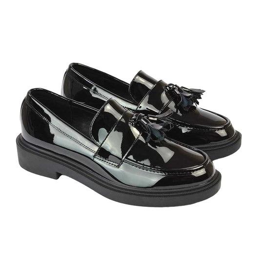 True Black - Front - XY London Womens-Ladies Alida Patent Chunky Tassel Flat Loafers